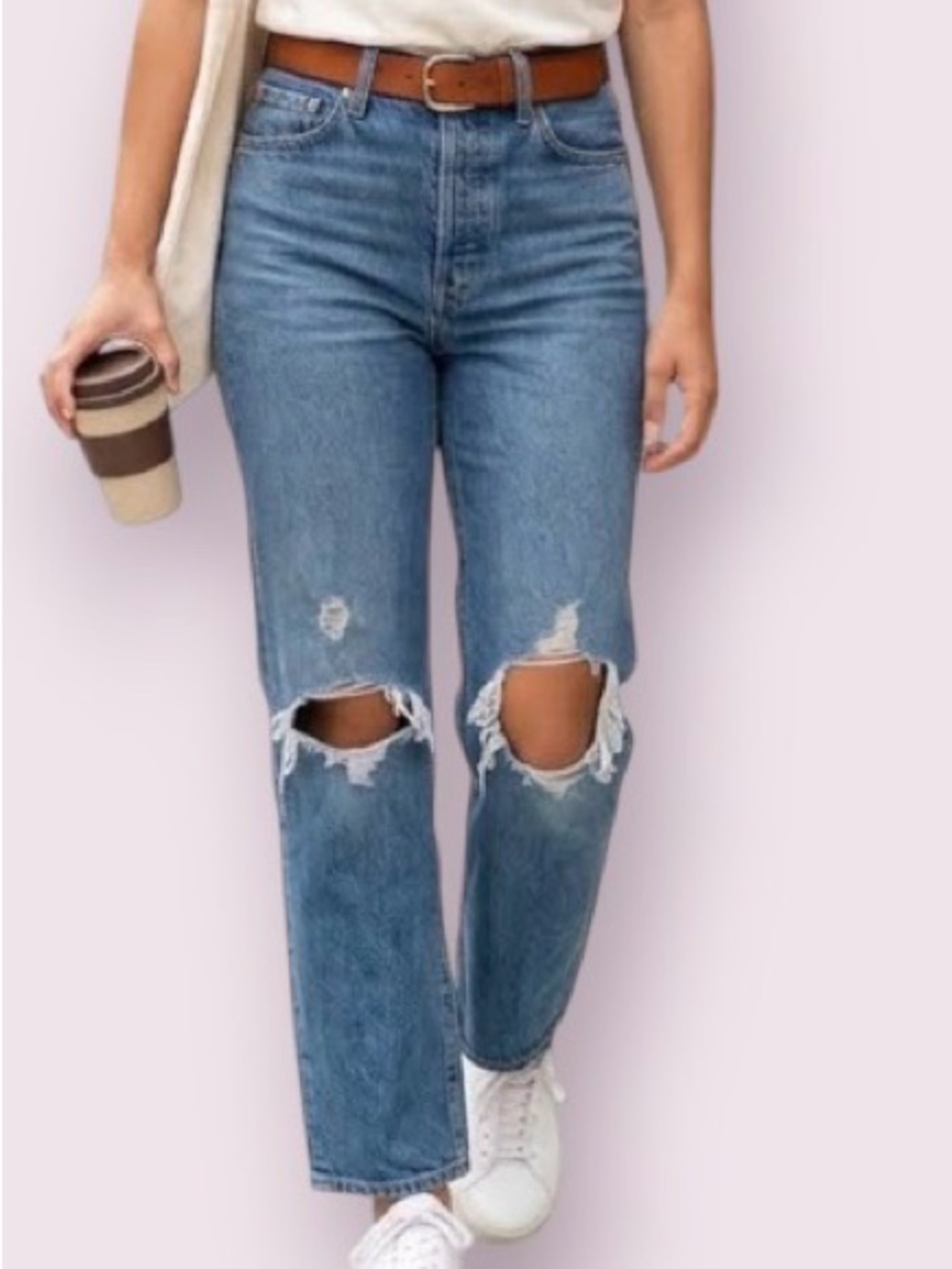 Levi’s Ribcage Straight Jeans Medium Wash Holes in Knee Distressed Denim Size 26